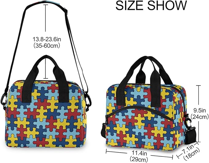 CBBYY Autism Awareness Colorful Puzzle Piece Lunch Bags for Women Men, Reusable Insulated Lunch Box, Adjustable Shoulder Straps Tote Lunch Bag for Work Picnic School