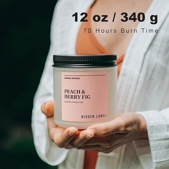 Hidden Label Peach Berry Fig Scented Candle, 12oz Natural Soy Wax, 2 Wick Aromatherapy for Home, 70hours Non Toxic, Clean Burn, Long Lasting, Premium Scents for Relaxation & Stress Relief,Gifts