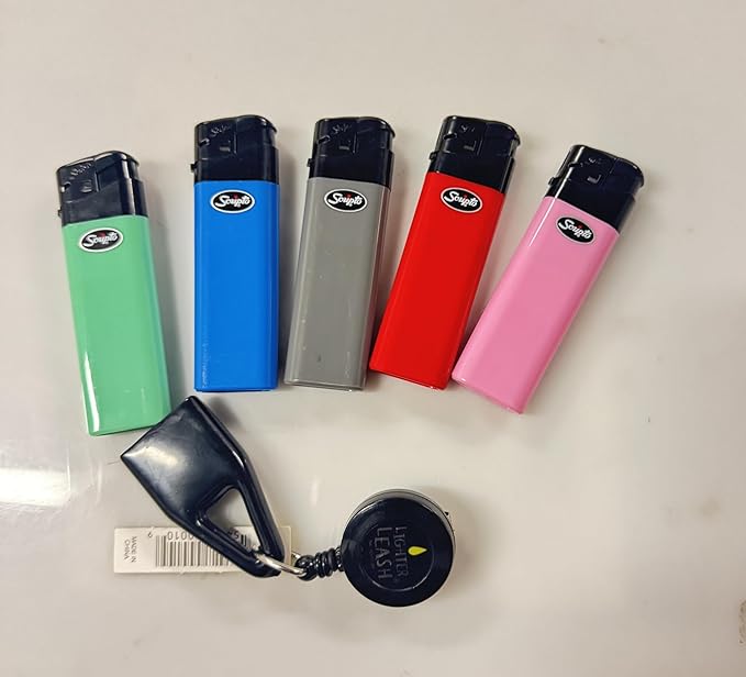 Scripto Electronic Lighters with Lighter Leash, Push Button Assorted Colors, Pack of 5 Lighters and 1 Original Leashes