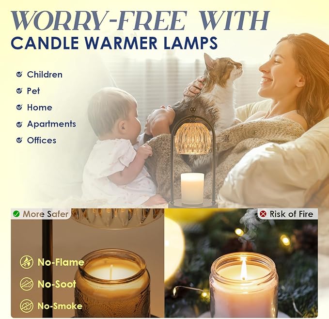 Soilsiu Candle Warmer Lamp With Timer, Electric Glass Light for Bedroom, Dimmable Wax Melts for Jars, Beside Lamp Gifts for Women Home Decor (2 Bulbs Included)