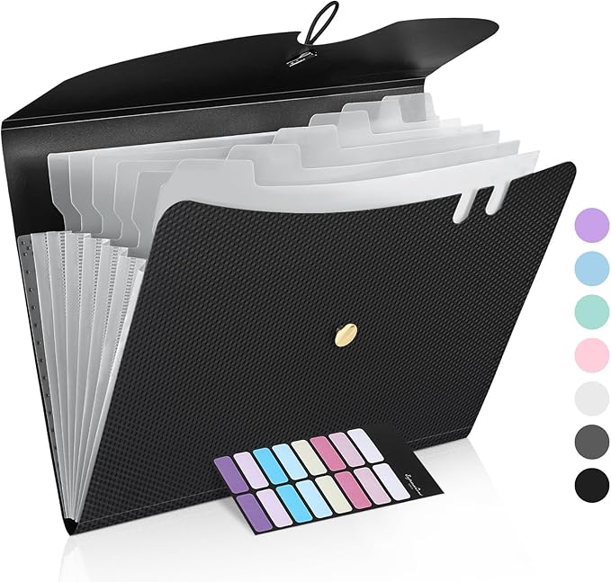 Sooez 7 Pocket Expanding File Folder, Premium Accordion File Organizer, Letter Size Folders for Documents, Sleek Filing Folders with Bungee Closure, Portable Folders for School Office Supplies, Black