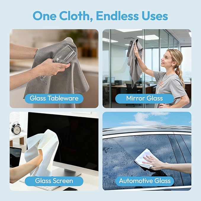 Microfiber Glass Cleaning Cloth 6 Pack, 15.5x15.5 Inch Magic Cleaning Rags, Lint Free Streak Free Reusable Towels for Windows, Mirrors, Cars, Screens, Kitchen and Stainless Steel Surface