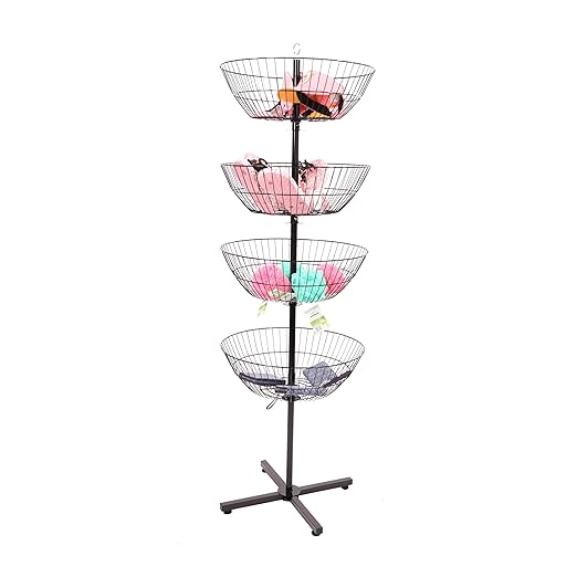 SSWBasics 4-Basket Wire Floor Spinner Rack and Dump Bin (63”H x 22”D) - Each Basket is 8”D x 22” Diameter - Great for Retail, Thrift, and Convenience Stores, Plus Home Organization
