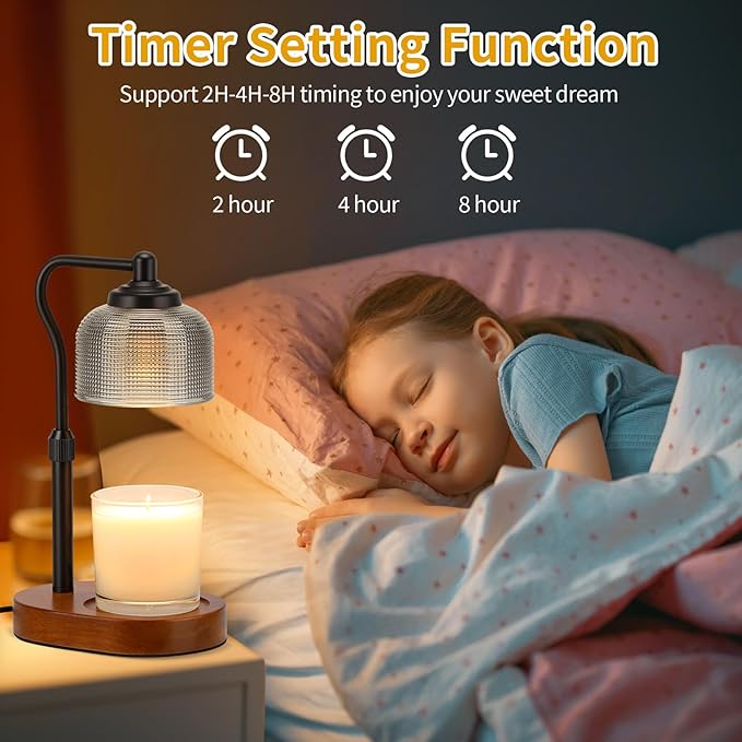 Black Wood Candle Warmer with Timer,Farmhouse Glass Candle Melting Lamp,Adjustable Height Electric Wax Melt Warmer with 2 Bulbs,Remote,Dimmable for Home Decor,Gift for Her