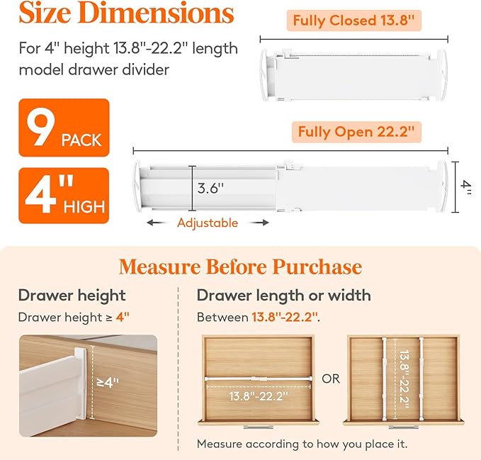Lifewit 4" Tall 9 Pack Drawer Dividers, 35-56.5cm/13.8-22.2" Expandable Drawer Divider for Clothes, Adjustable Dresser Drawer Organizers, Drawers Separators for Dresser/Bathroom/Closet/Kitchen White