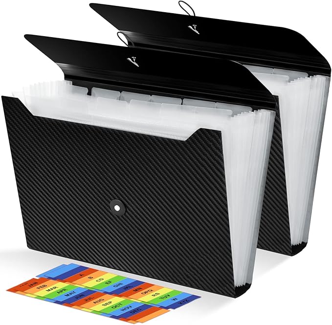 2Pcs Expanding File Folder, 13 Pockets Accordion File Holder Organizer, A4 Letter Size Paper Document Receipt Organizer Accordian Filing Folder for Classroom, Home, Office and Travel