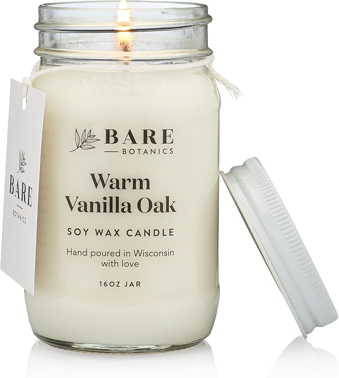 Bare Botanics Warm Vanilla Oak Scented Soy Candle - Premium Candle in 16 oz Mason Jar - 100% Natural Soy Wax & Plant-Based Fragrance Oils, Softly-Scented - Handpoured in WI - 85 Hrs Long Burning