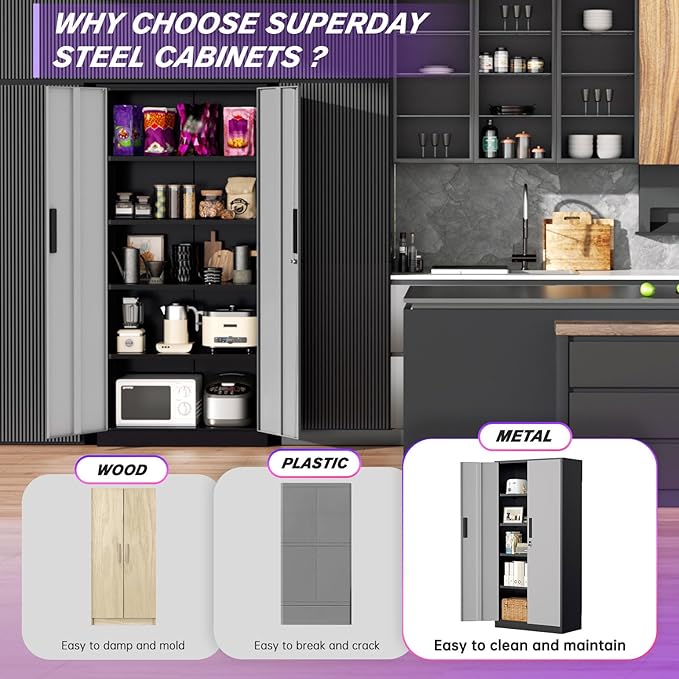 Superday Metal Storage Cabinets, 71" Storage Cabinet with Locking Door, Tall Garage Cabinet with 2 Doors and 4 Adjustable Shelves for Home Office, Classroom, Easy Assemble(Black Grey)