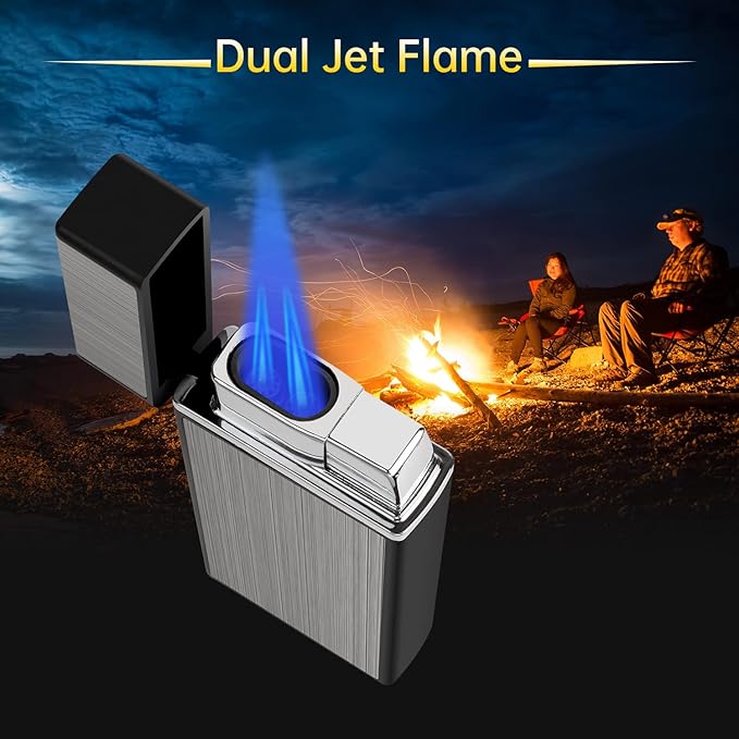 Butane Lighter, 2 Packs Dual Jet Flame Lighter Torch Lighter for Candle Hiking, Black