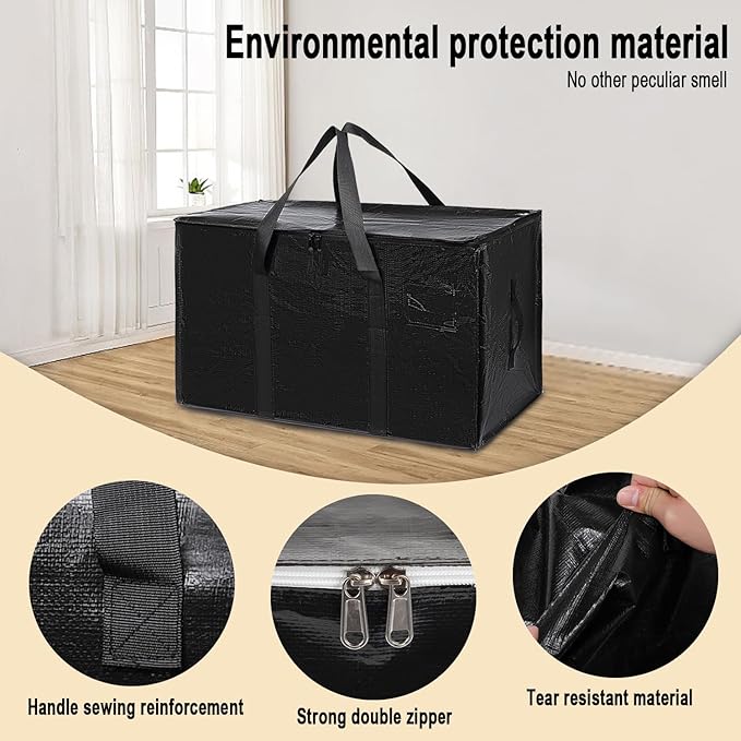 1 Pack Large Moving Bags with Zippers & Carrying Handles, Heavy Duty Storage Tote Moving Boxes ，Space Saving (Black, 1 Pack)