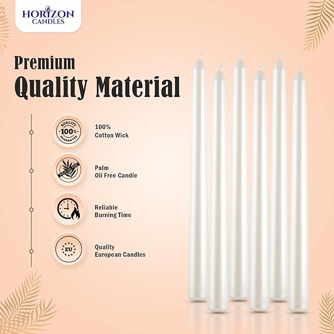 Horizon Unscented 10-Piece Taper Candle Set – 9 Hours Burning Time Smokeless & Dripless Candles for Centerpieces at Wedding, Holiday Dinners, Festive Parties and Home Decor - White