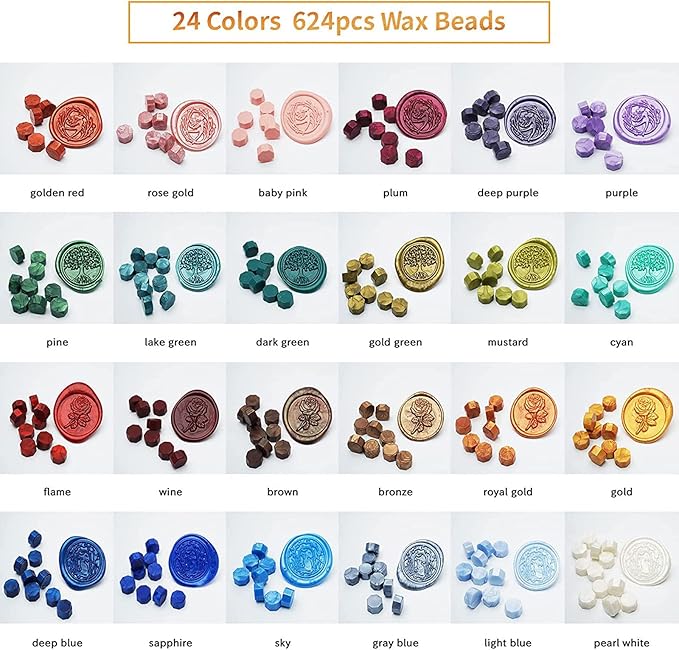 Comealltime Wax Seal Kit with Gift Box, 624 Pcs 24 Colors Sealing Beads, 2 Pcs Stamps, Sealing Wax Warmer, Metallic Pen, Envelope, Candles for Wedding Birthday Gift and DIY Craft, Sellado de Cera