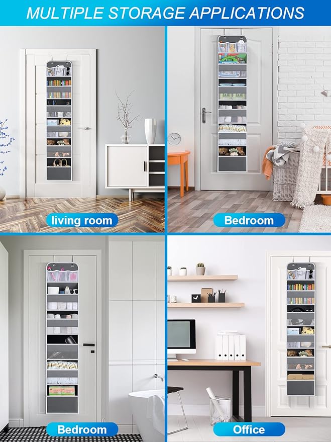 Over the Door Organizers - 5 Tier Hanging Door Storage with 5 Spacious Pockets, Anti -Tilt 44 lb Load Behind Door Organizer for Bedroom,Nursery,Bathroom,Kitchen,Dorm,Pantry - 1 Pack,Grey