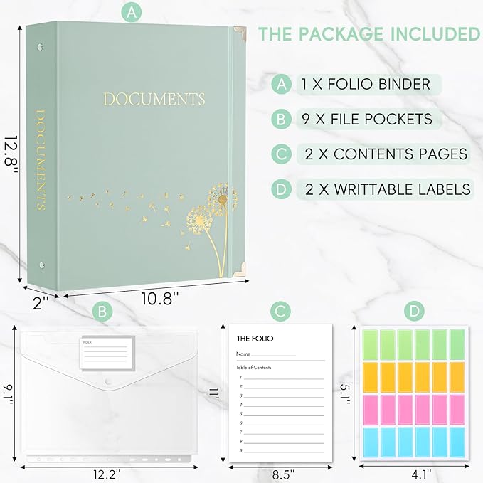 XKDOUS Document Organizer with Gold-Foiled Hardcover, 9 Pockets & Labels 3 Ring Binder for Important Papers End of Life Planner Expanding File Storage Accordion Folio Folders
