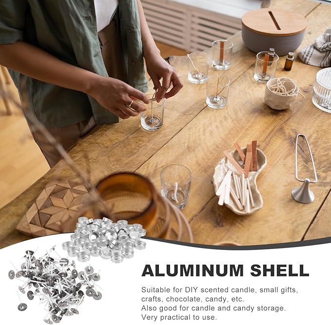 DOITOOL 100 Pcs Aluminum Tea Lights Cups, Round Empty Case Candle Wax Containers Candleholder, Metal Tea Light Tins with 100 Pcs Candle Wicks for Christmas Wedding Holiday Table Decoration