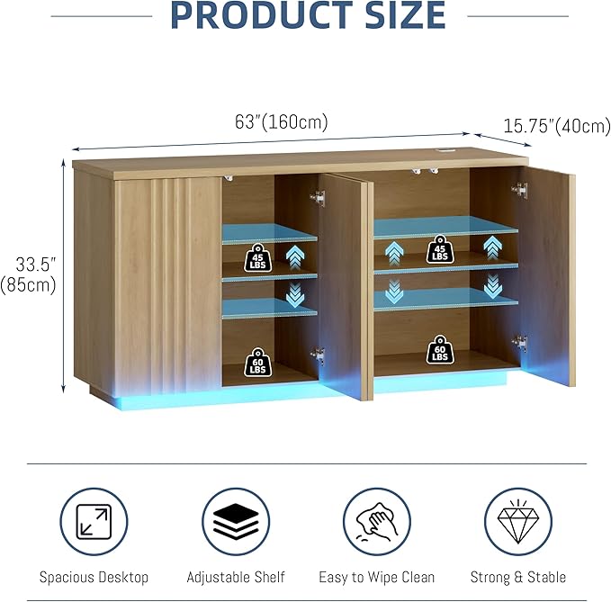 63'' Buffet Cabinet with Storage, Coffee Bar with 4 Doors & 2 Adjustable Shelves, Modern Sideboard Table with 3 Color LED Light for Kitchen (Wood)
