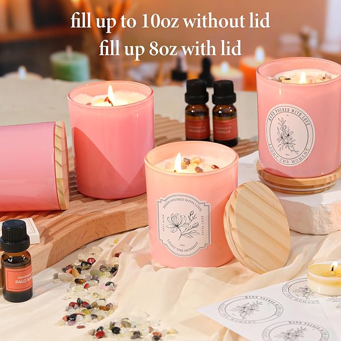 12Pcs Assorted Pink Glass Candle Jars with Wooden Lids for Making Candles, 10 OZ Empty Candle Jars with Labels and 100g Crystal Rocks, Candle Making Supplies Candle Containers for Home DIY & GIFTS