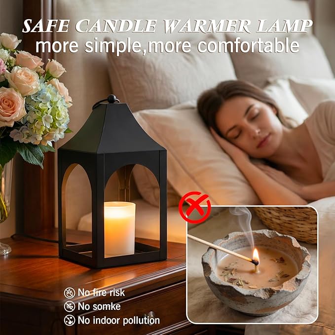 Candle Warmer Lamp with Timer, Dimmable Vintage Lantern for Large Jar Candles, Top-Down Electric Candle Lamp Warmer with 2 Bulbs, Safe for Children & Pets, Hanging Black Home Decor Gift