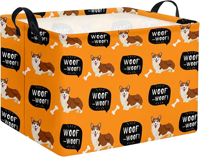 Woof Dog Basket Storage Bin for Chew Toys Pet Supplies & Pet Organizer Dog room decor (Orange)