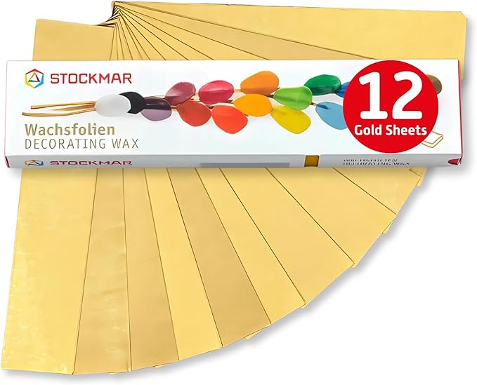 Stockmar Decorating Beeswax Narrow Sheets - Gold, Box of 12 Sheets of Modeling Beeswax for Candle Making Kit, DIY Crafts for Adults, Stocking Stuffers for Kids, Teens at Home Or School