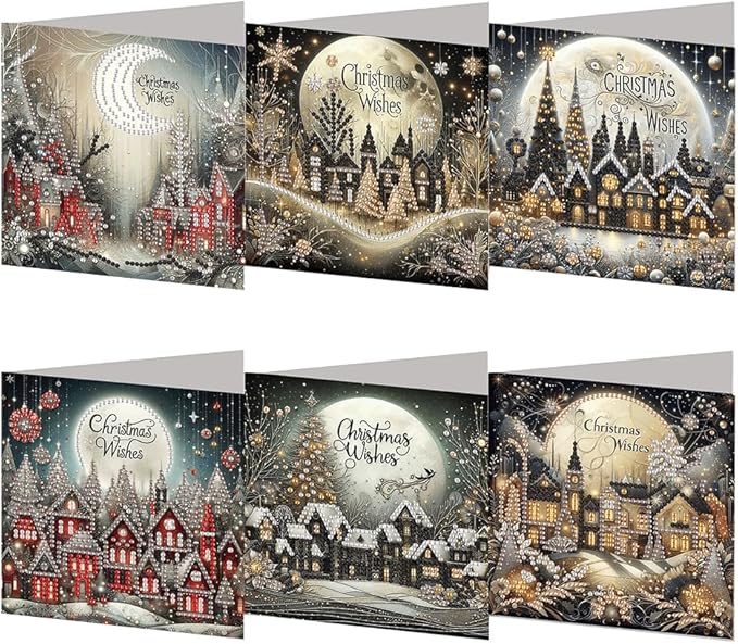 6PCS Diamond Art Christmas Cards with envelopes, Festive Holiday Greeting Cards Kit, Christmas Diamond Art Kits for Adults