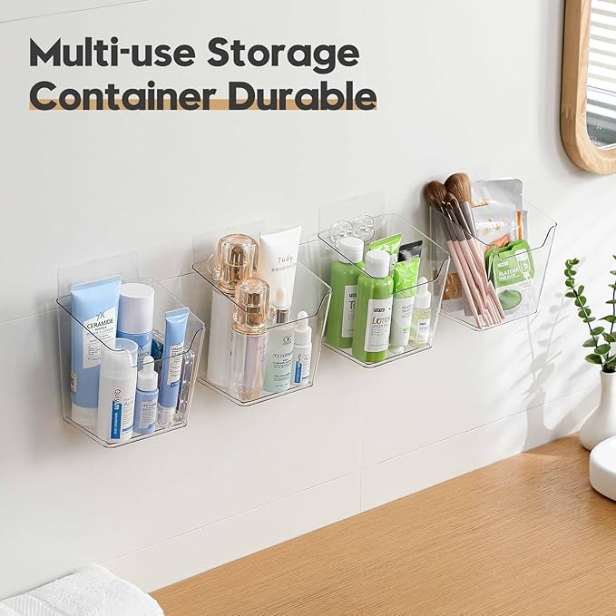 Clear Acrylic Pen Holder, 4 Pack Cabinet Door Organizer Adhesive, Bathroom Wall Mount Caddy Kitchen Plastic Storage Bin Box for Office Marker,Art Supply, Small Cleaning Supply, Seasoning Drink Packet
