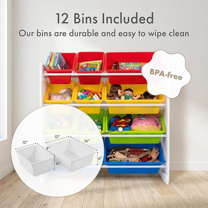 Humble Crew Kids Toy Storage Organizer with 12 Plastic Bins, White/Primary – Removable Bins for Playroom, Bedroom, Toddler Furniture for Boys and Girls Ages