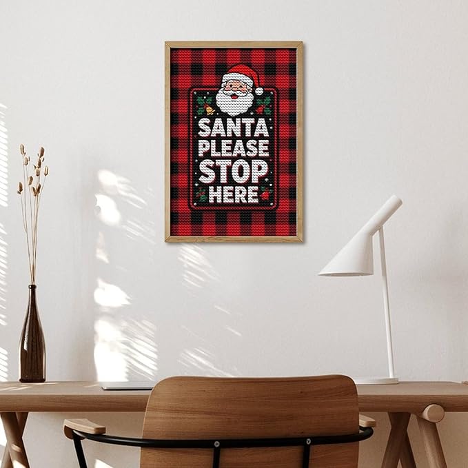 AIVKIEJK Diamond Painting Kits for Adults - Holly & Stars, Santa Please Stop Here Painting DIY 5D Full Drill Diamond Dots Paintings with Diamonds Gem Art and Crafts Home Decor 8"x12"