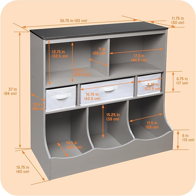 Badger Basket Combo Toy Storage Organizer and Bookshelf - Kids Storage Unit with 3 Removable Baskets, Open Shelves, Top Display Surface - Woodgrain and Gray
