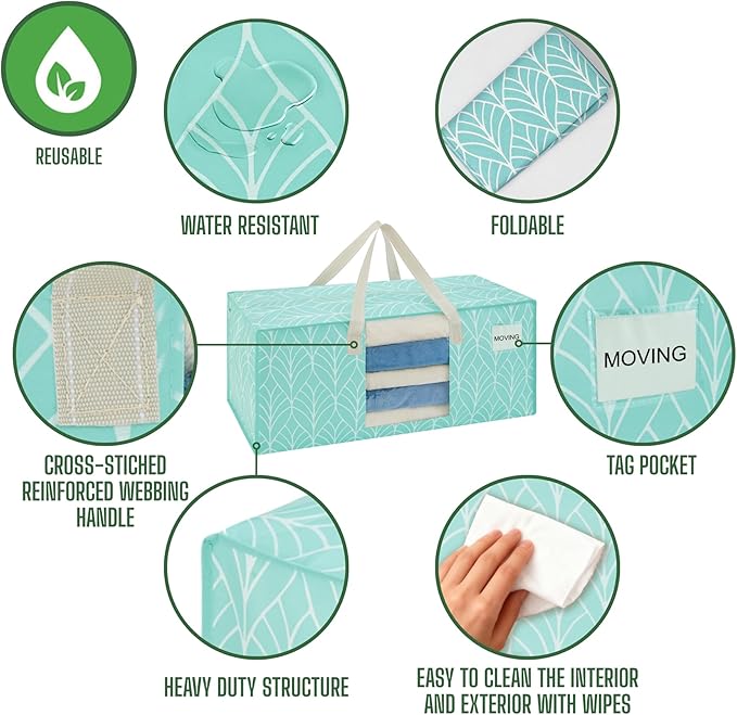 VENO 6 Pack Heavy Duty Moving Bags, Storage Bins with Lids, Transparent Window Design, Alternative to Moving Boxes, Storage Bags for Clothes, Blankets, Comforters (Evergreen, 6 Pack)