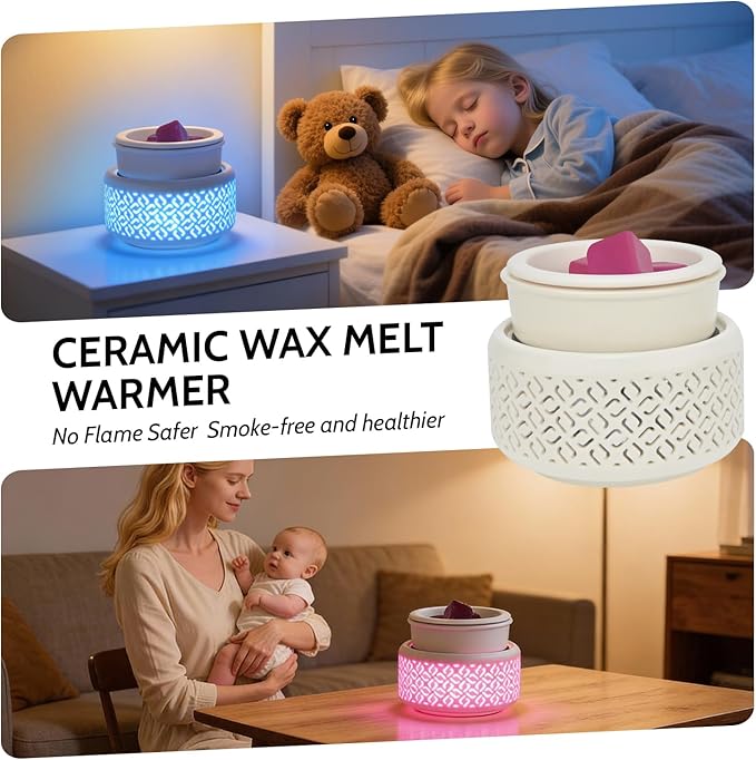 Ceramic Candle Warmer and Wax Melt Warmer with 7 Colors LED Night Light and 1 PC Silicone Liner,4-in-1 Electric Warmer for Jar Candle Wax Cube Essential Oil Coffee, Ideal Gift for Home Office Kitchen