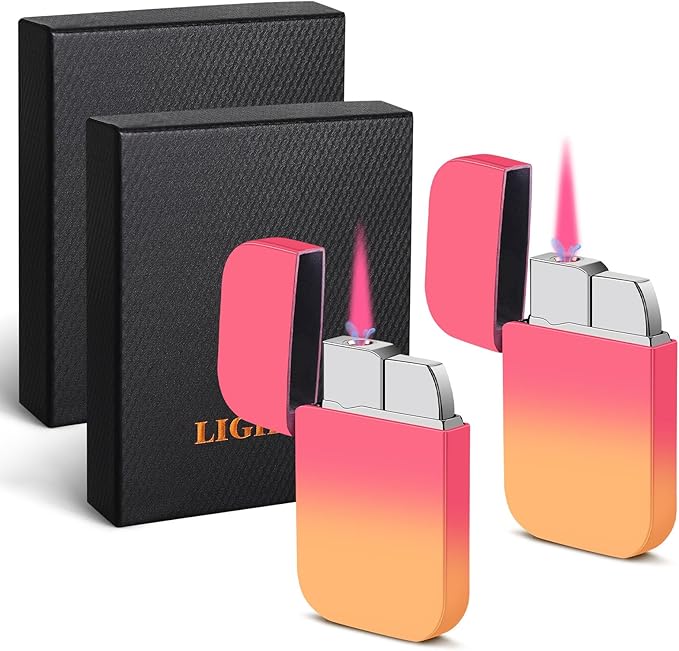 2 Pack Pink Flame Torch Lighter, Cute Lighter, Refillable Butane Lighter,Windproof Torch Lighter for Outdoor Camping BBQ,Nice Gift for Girls,Women on Birthday,Anniversary Orange Pink Without Butane
