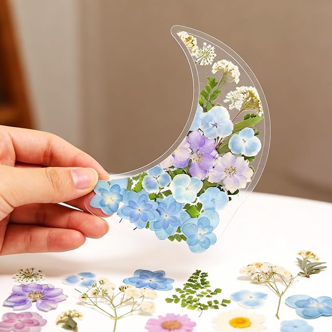 Dried Pressed Flowers Real Pressed Flowers Natural Dry Leaves Bulk Mixed Colorful Herbs Kit with Tweezers for Scrapbooking DIY Candle Jewelry Crafts Making Nails (White, Purple, Blue)