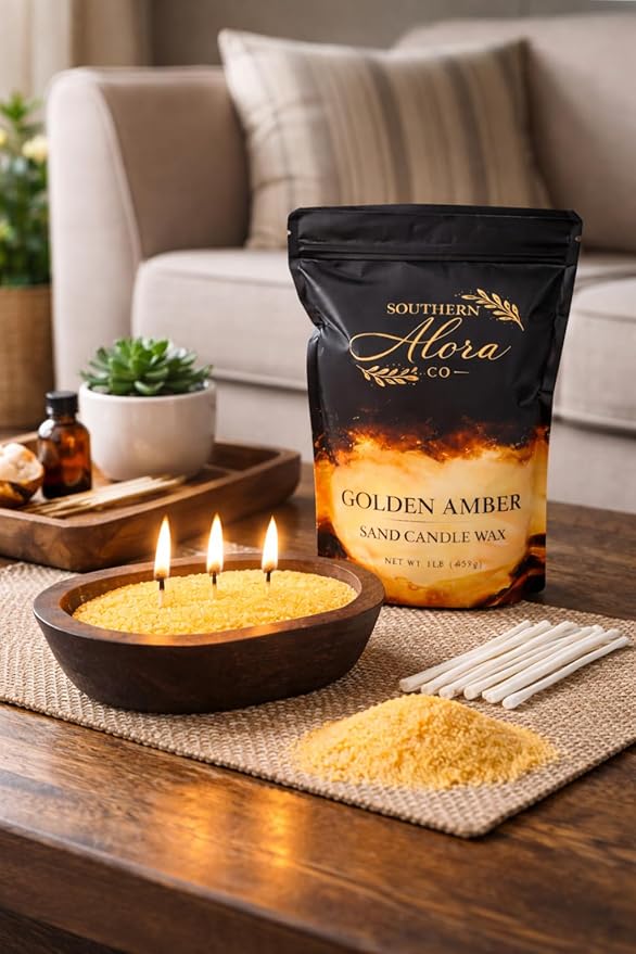 Candle Sand with 10 Wicks – 1 LB Refillable Sand Candle Wax for DIY Candles, Wedding Centerpieces, Home Decor – Golden Amber