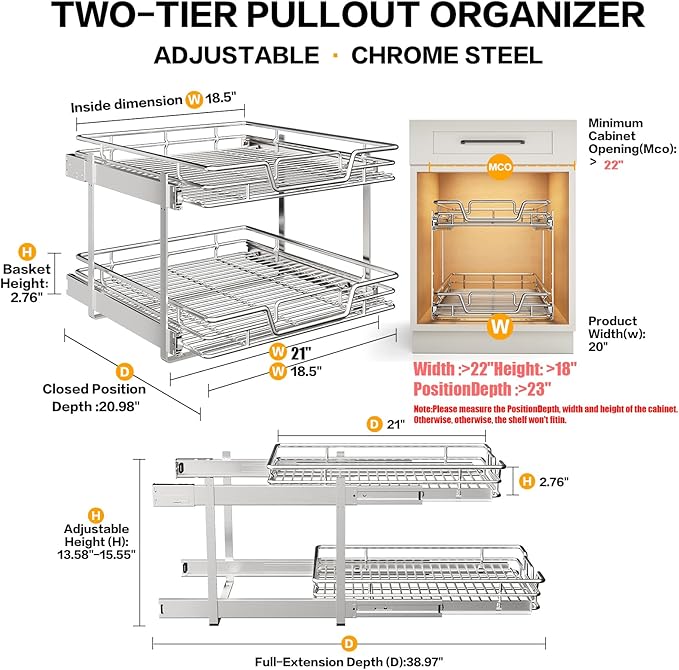 2-Tier Kitchen Cabinet Pull Out Shelf and Drawer Organizer Slide Out Pantry Storaqe Basket in Multiple Sizes (21" W x 21" D,)