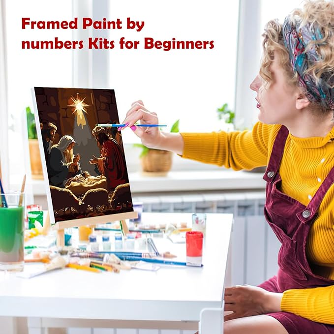 MOGTAA Christmas Paint by Numbers Kit for Adults Beginners with Frame, Jesus Nativity Adult Paint by Number Kits on Canvas with Easel, Easy DIY Oil Painting Kits for Home Decor, 8x12in