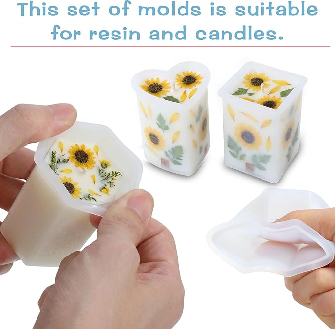 Thinp 8 Pcs Cylinder & Hexagon Candle Silicone Mold, Pillar Candle Mold Reusable Cylinder/Hexagon/Heart/Flower/Square Shapes Resin Molds for Candles Making DIY Crafts (6 Styles)