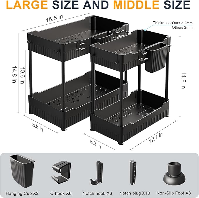 2 Pack Under Sink Organizer, Under Bathroom Cabinet Organizer with Hooks Hanging Cup, Multi-Purpose Storage Shelf for Kitchen Bathroom (Black, 14.8 Inch)