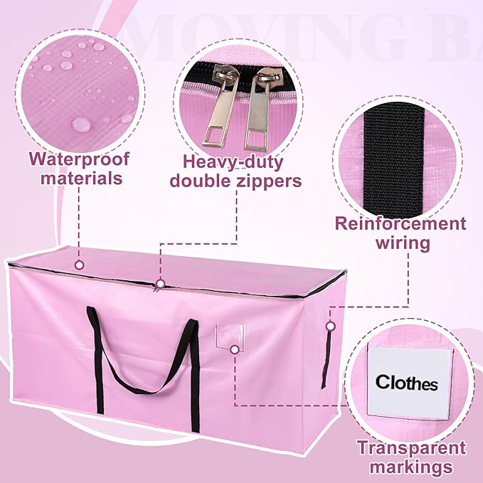 66 Gallon Extra Large Moving Bags - Heavy Duty Storage Bags with Zipper & Strong Handles, Pink Packing Bag for Moving, Storage, Travel and Camping, College Dorm & Home Supplies, 1 Pcs