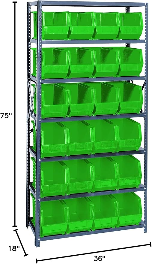 Quantum Storage Systems QSBU-265GN Giant Open Hopper Steel Shelving System, 18" D x 36" W x 75" H, with 7 Shelves and 24 QUS265 Bins, Green