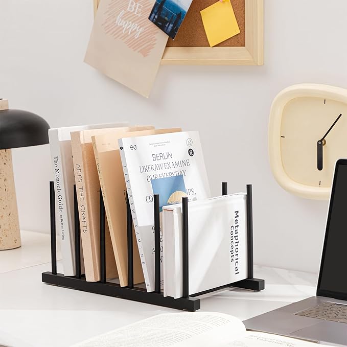 HBlife Black Desk File Organizer 5 Section Vertical File Sorter, 1 Pack Bamboo Binder & Folder Holder for Home, Office & School