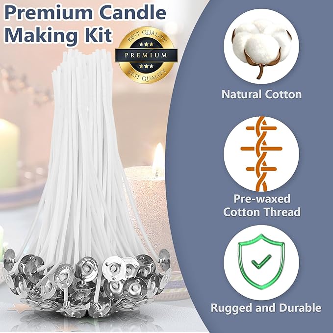 150 Pcs Candle Wicks for Candle Making, 100 Pcs Candle Wick Stickers, 6 Pcs Wooden Candle Wick Centering Device, Pre Waxed Cotton Wick with Metal Sustainer Tabs for Candle Making, 4in, 6in, 8in