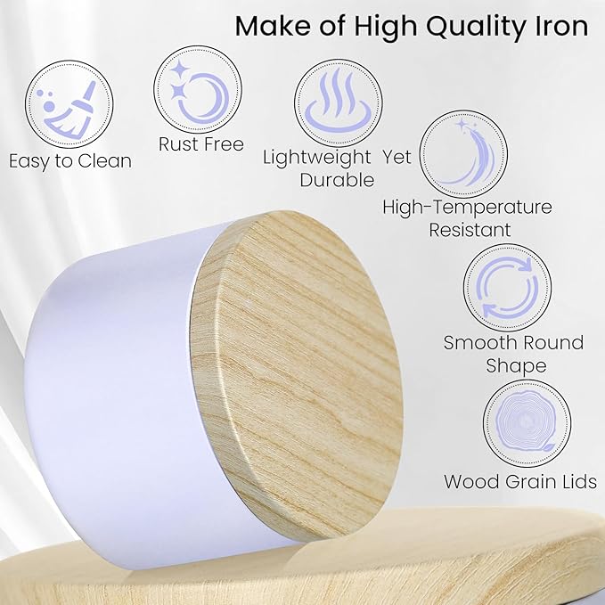 CONNOO 24-Pack Candle Tins - 12x 8oz & 12x 4oz Matte White Containers with Wick Kit and Wood Lids, for Candle Making, Storage, and Gifting