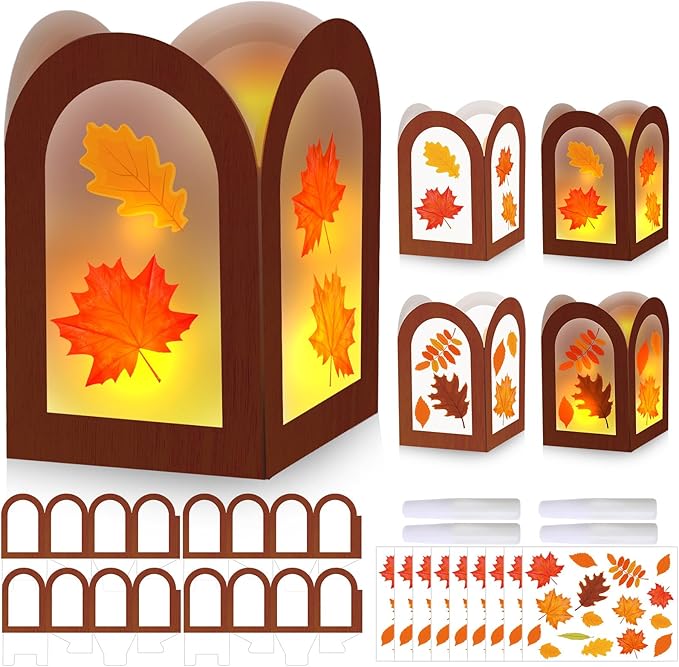 Marspark 24 Sets Thanksgiving Crafts Bulk Turkey Maple Leaf Fall Craft Paper Lanterns Kit DIY Harvest Autumn Lanterns for Home Art Activities Party Decorations(Maple Leaf)