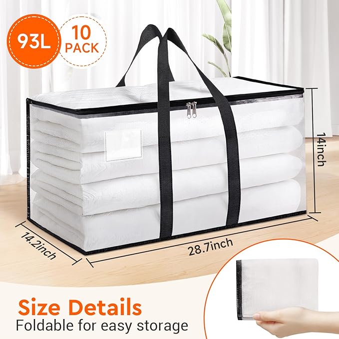 BlissTotes Clear Moving Bags Heavy Duty, 93L Extra Large Storage Bags with Zipper & Reinforced Handles, Waterproof PP Moving Totes for Clothes, Bedding, Comforters, Space Saving Storage (8 Pack)