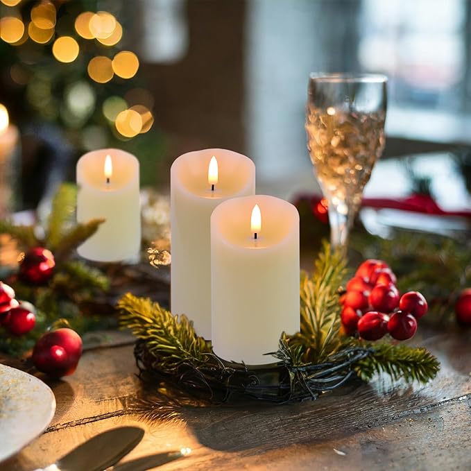 Flameless Candles Battery Operated with Remote Timer, 3D Flame Flickering, Last 500+ Hours Battery Candles, Ivory Real Wax LED Pillar Candle for Wedding Home Christmas Decorations, Set of 3