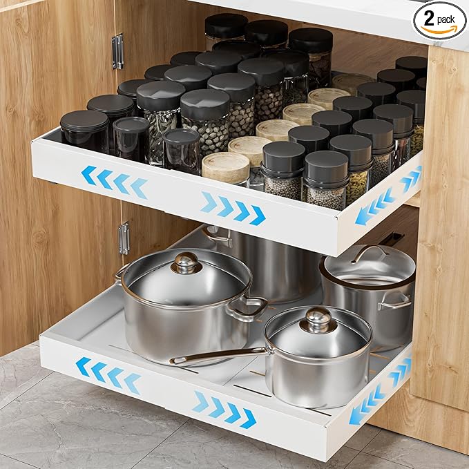 2 Pack Pull Out Cabinet Organizer Expandable Width(12.2"-20.47") & 21"Deep, Insputer No Drill Adhesive Slide Out Drawers with Upgrade 3 Slide Rails, Magnetic Panel, Roll Out Shelf for Kitchen, Pantry