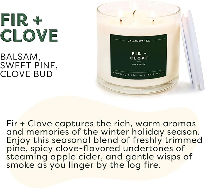Calyan Wax Co. Fir & Clove 3 Wick Scented Candle - 43 Hour Burn - Luxury 3 Wick Soy Candles - Non Toxic Soy Wax Candles - Long Lasting Large Glass Jar Candle for Home - 14.9oz
