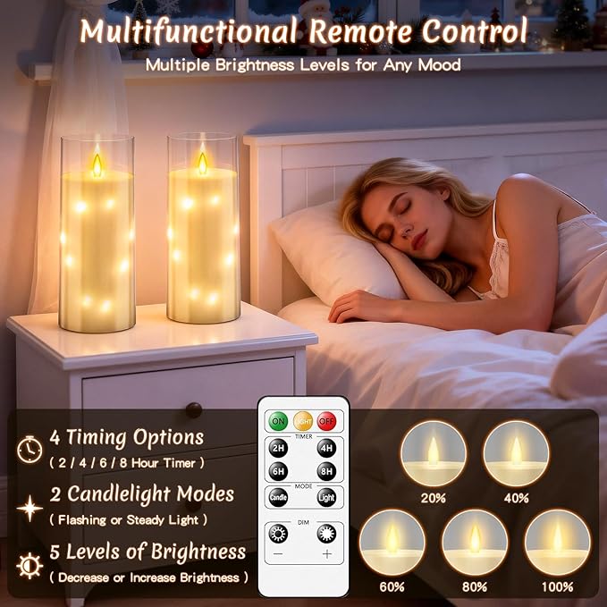 11" x 4" Large Outdoor Waterproof LED Candles, 2Pcs Pillar Candles with Remote & Timer, Flameless Candle Battery Operated with Embedded Star String for Porch, Patio, Outdoor Decor and Christmas