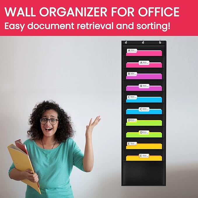 Godery Premium Hanging File Folder Organizer, 10 Pockets, & 3 Hangers Cascading Wall Organizer，Perfect for Home Organization, School Pocket Chart, Office Bill Filing. Wall or Over Door Mount
